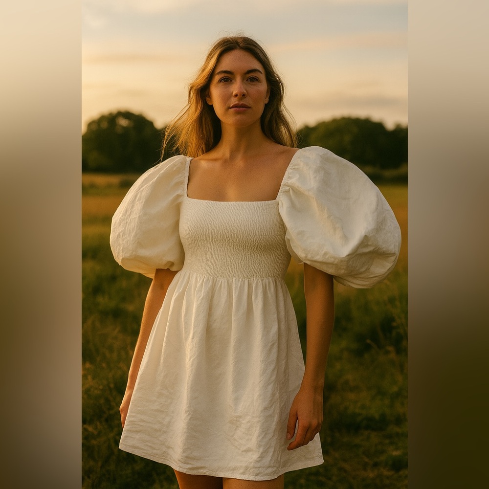 Tuckernuck White Linen Puff Sleeve Smocked Top Size M